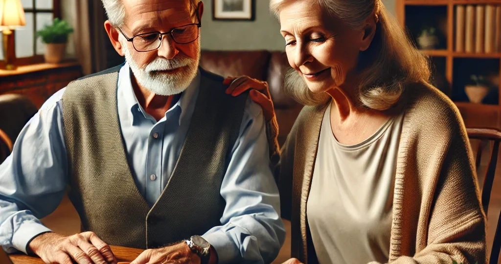 DALL·E 2024-11-09 14.26.03 – A realistic and detailed image of an elderly couple sitting at a wooden dining table, discussing their financial plans. The couple looks focused and c